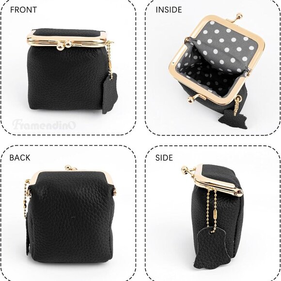 Vintage Black Leather Kiss Lock Coin Purse - Compact Portable Mini Wallet for Tr - Picture 4 of 8